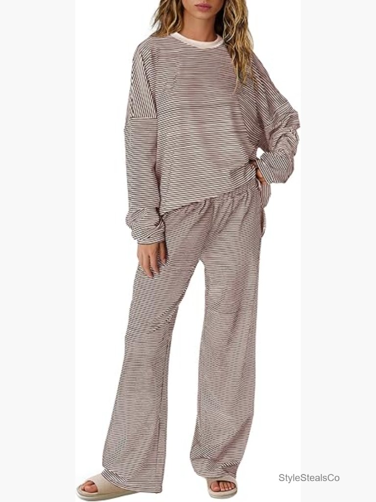 Womens Striped Lounge Set Long Sleeve Oversized Pajama Wide Leg Pants 2 Piece